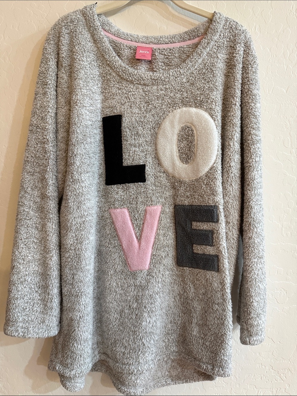 Jenni Xhilaration Gray Sherpa Crewneck Sweater with LOVE Appliqué and Pink